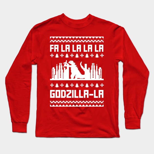 Ugly Christmas Sweater - Fa La La La La Godzilla La Red Long Sleeve T-Shirt by PUFFYP